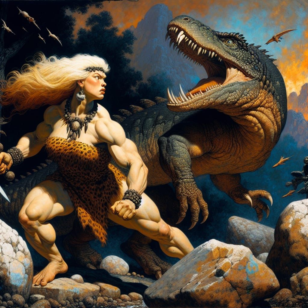 Cavewoman Confronts Lizard: Pre-1912 Art Style