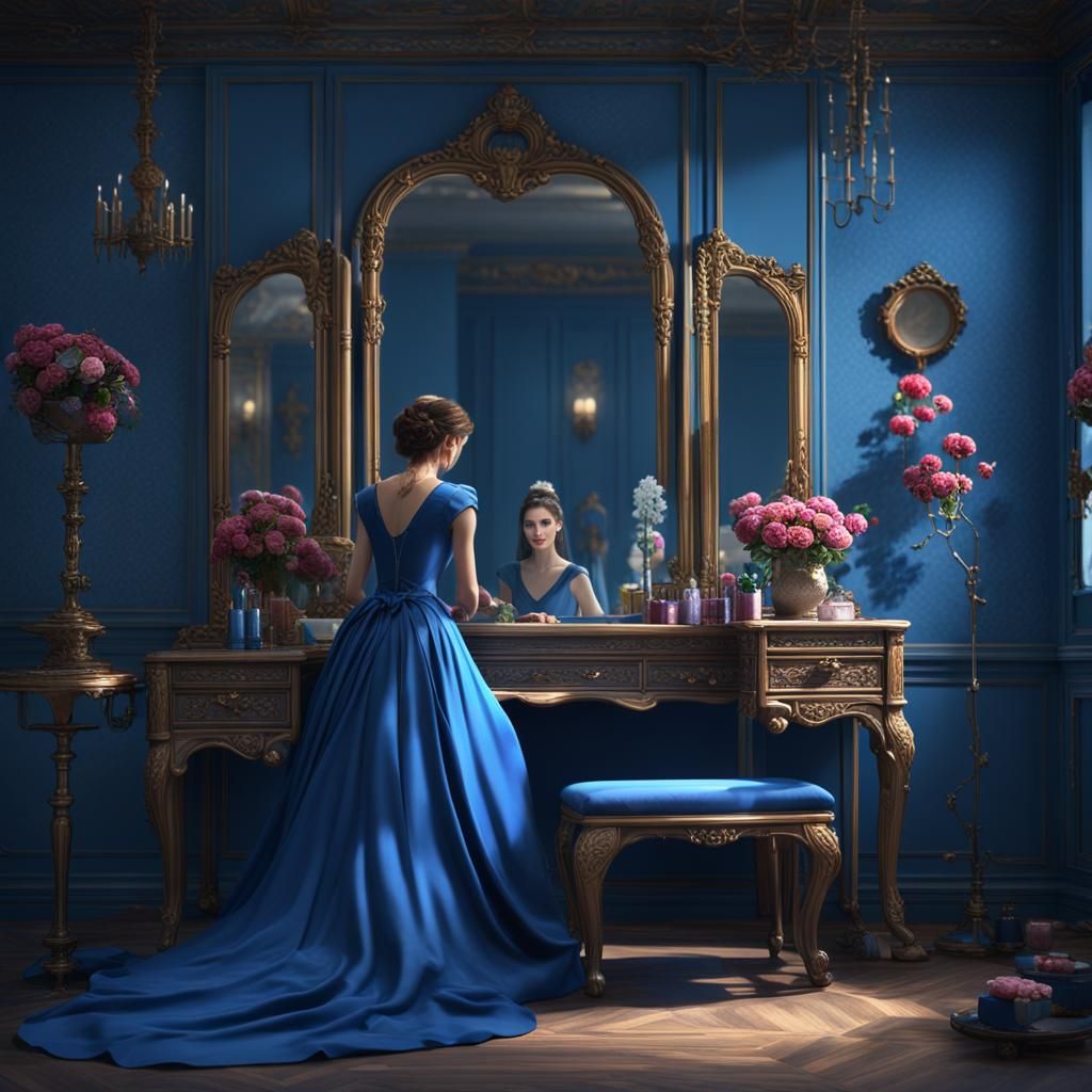 Woman in Blue Gown at Vanity, Fantasy Art