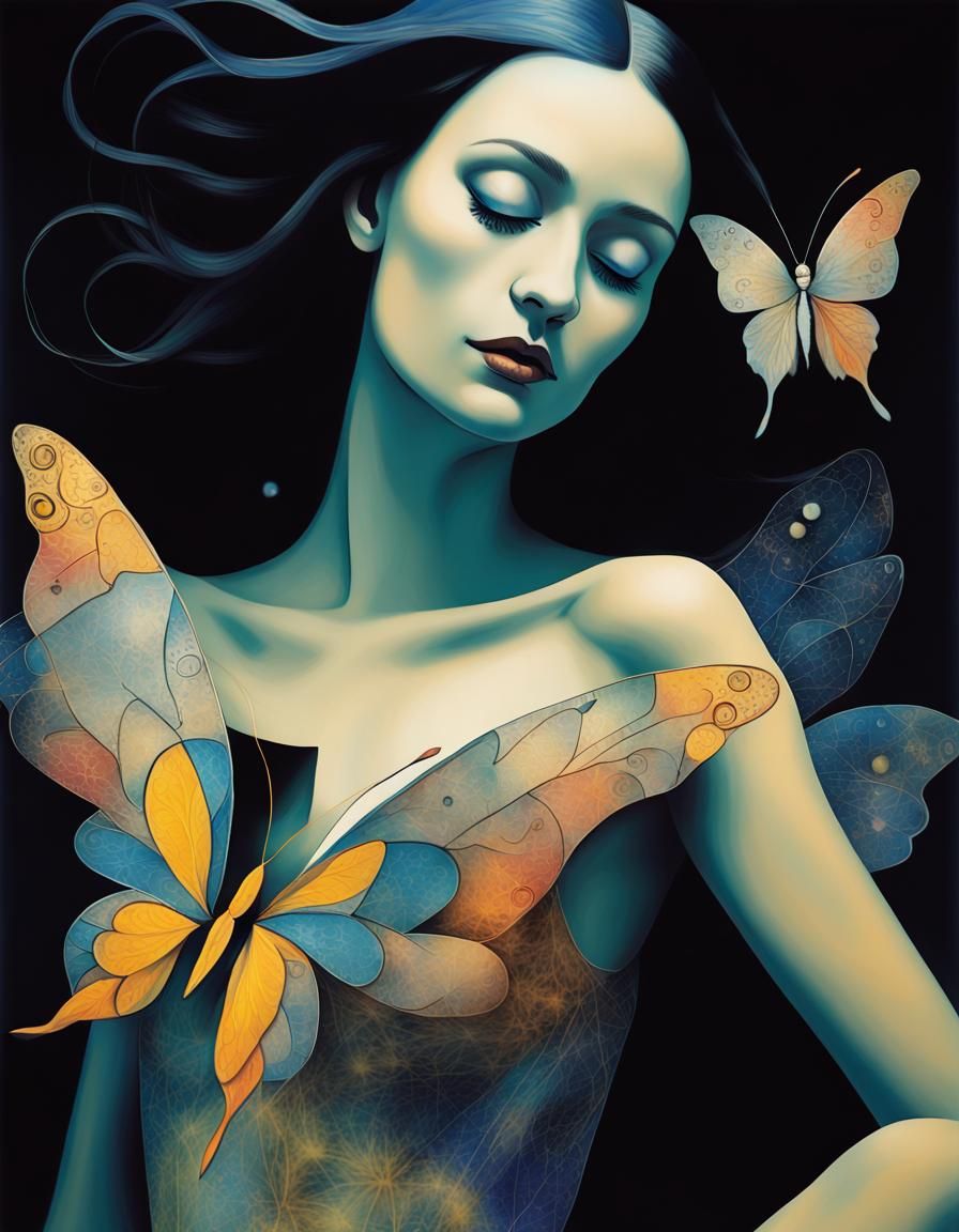 Beautiful woman, long dark hair,  detailed face,  dressed in gossamer, butterfly wings on her back  in a Million Dandeli...