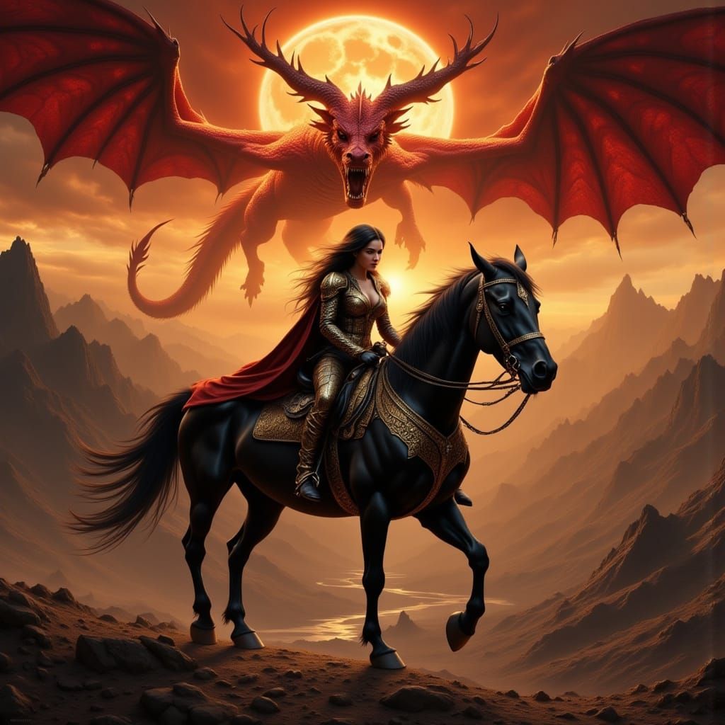 Dragon and Champion Guarding Desolate Mountains Under Broodi...