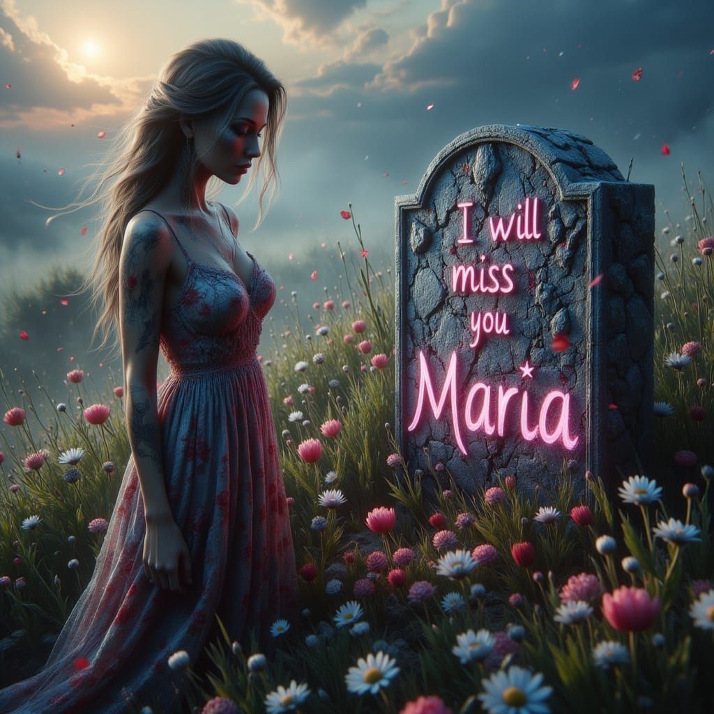Ethereal Bohemian Woman at Grave Marker in Vibrant Wildflowe...