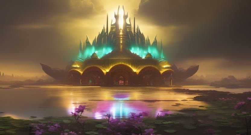 Solarpunk Lotus Temple Palace in Art Nouveau Style