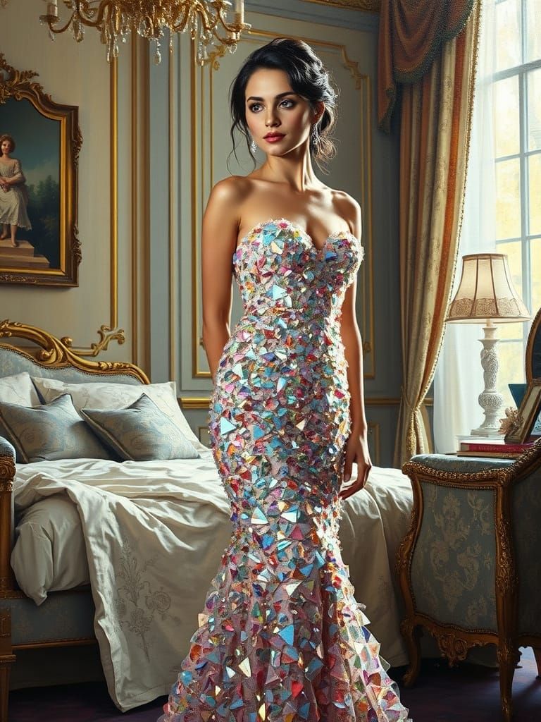 Young Woman in Glittering Glass Gown, Impressionist Oil Pain...