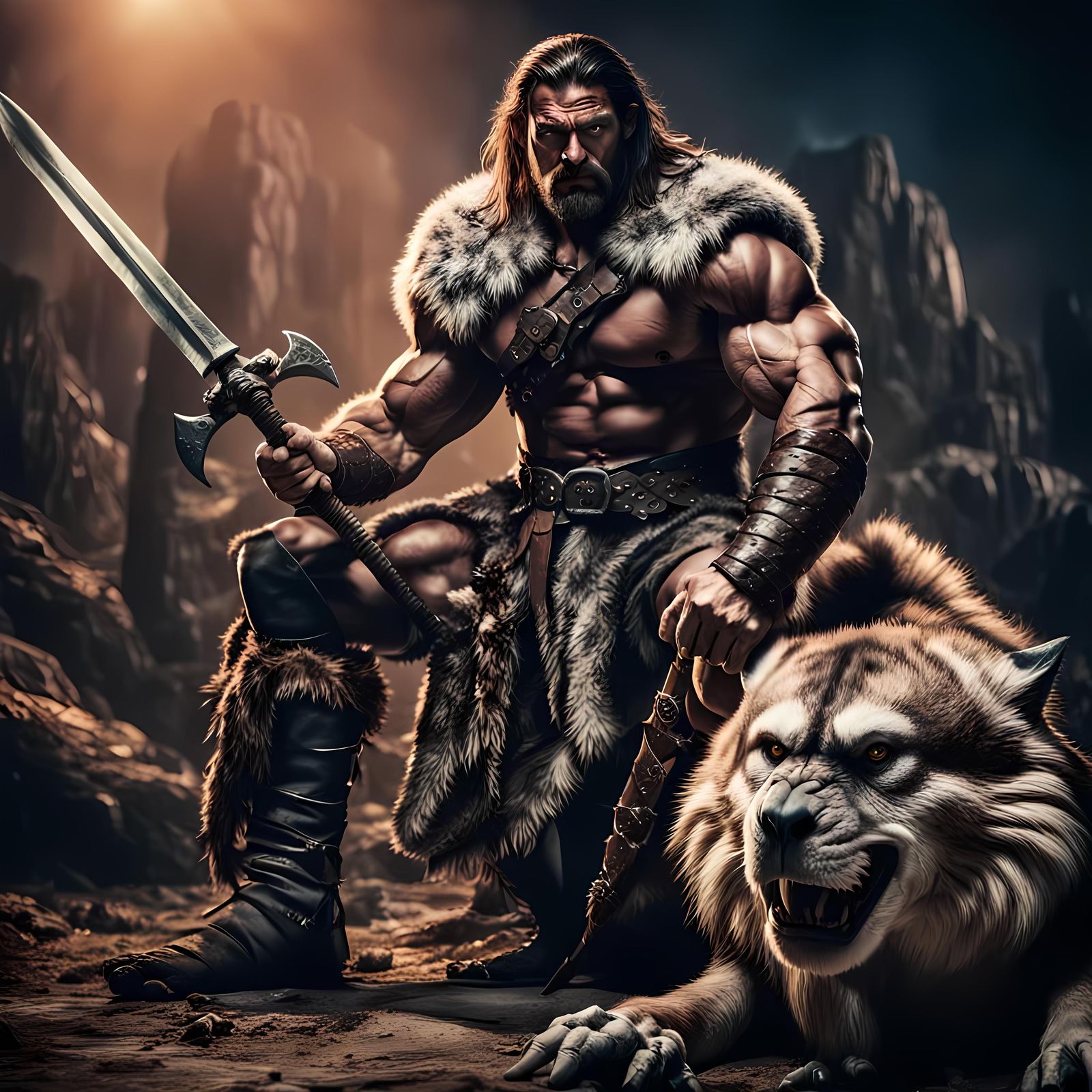 Epic Barbarian Warrior with Mythical Creature