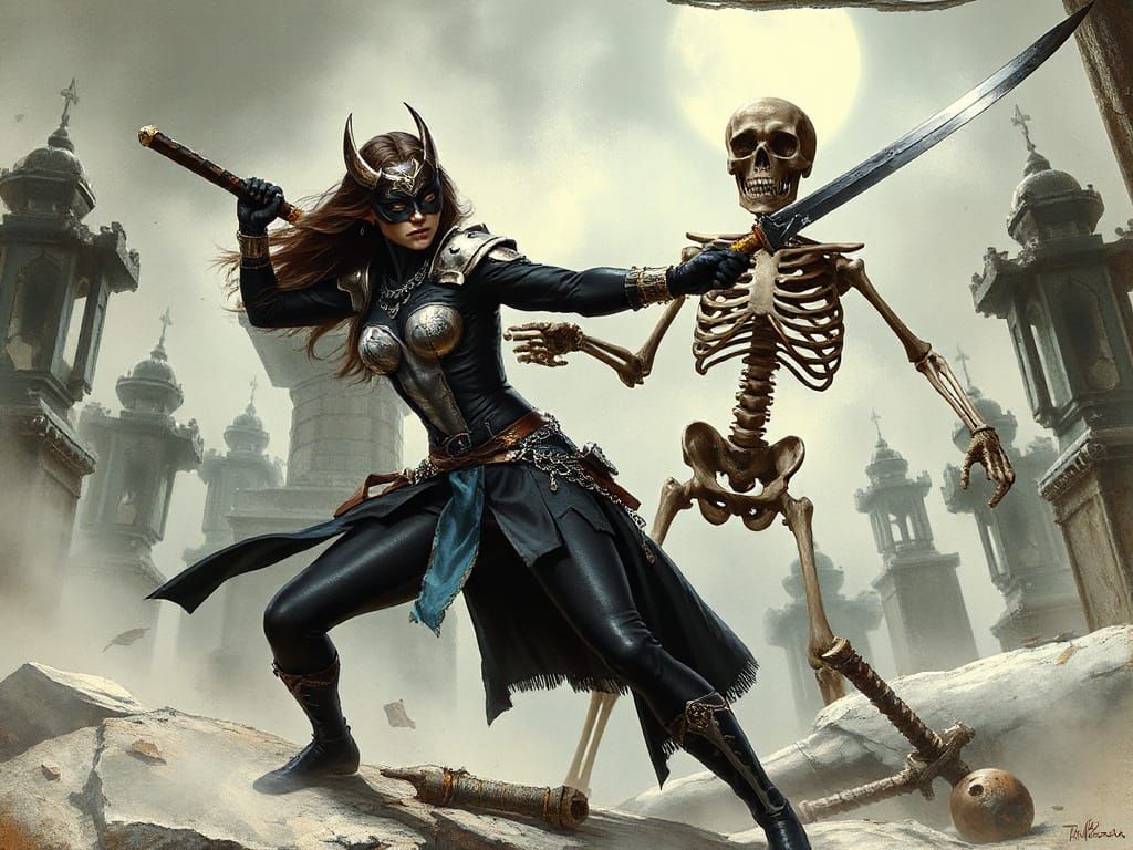 Warrior Faces Undead in Mystical Graveyard
