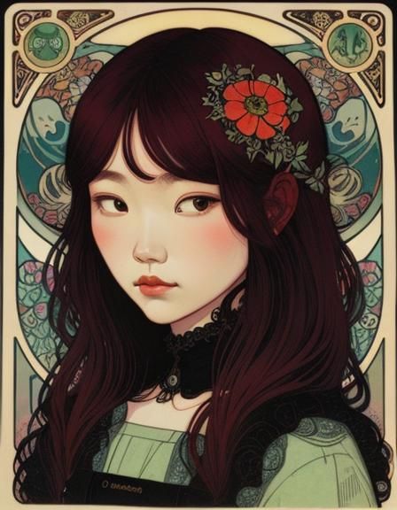 Black Velvety Flowers in Art Nouveau Style