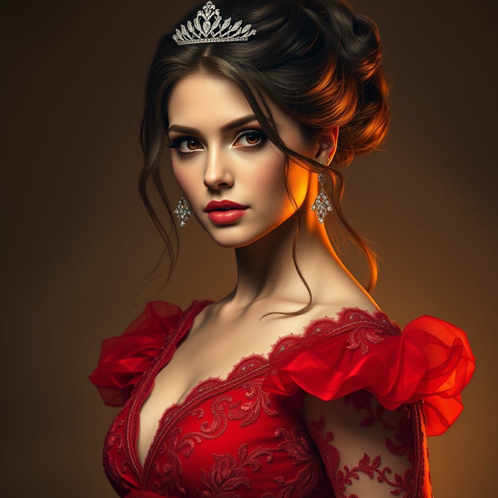 Elegant Woman in Red Gown with Silver Tiara