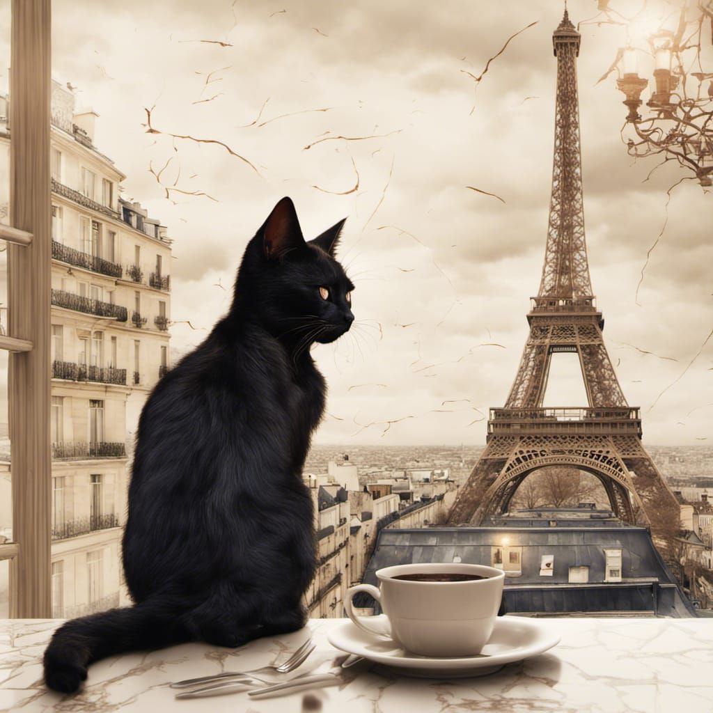 Gothic Black Cat in Paris Cafe: Photorealistic Illustration