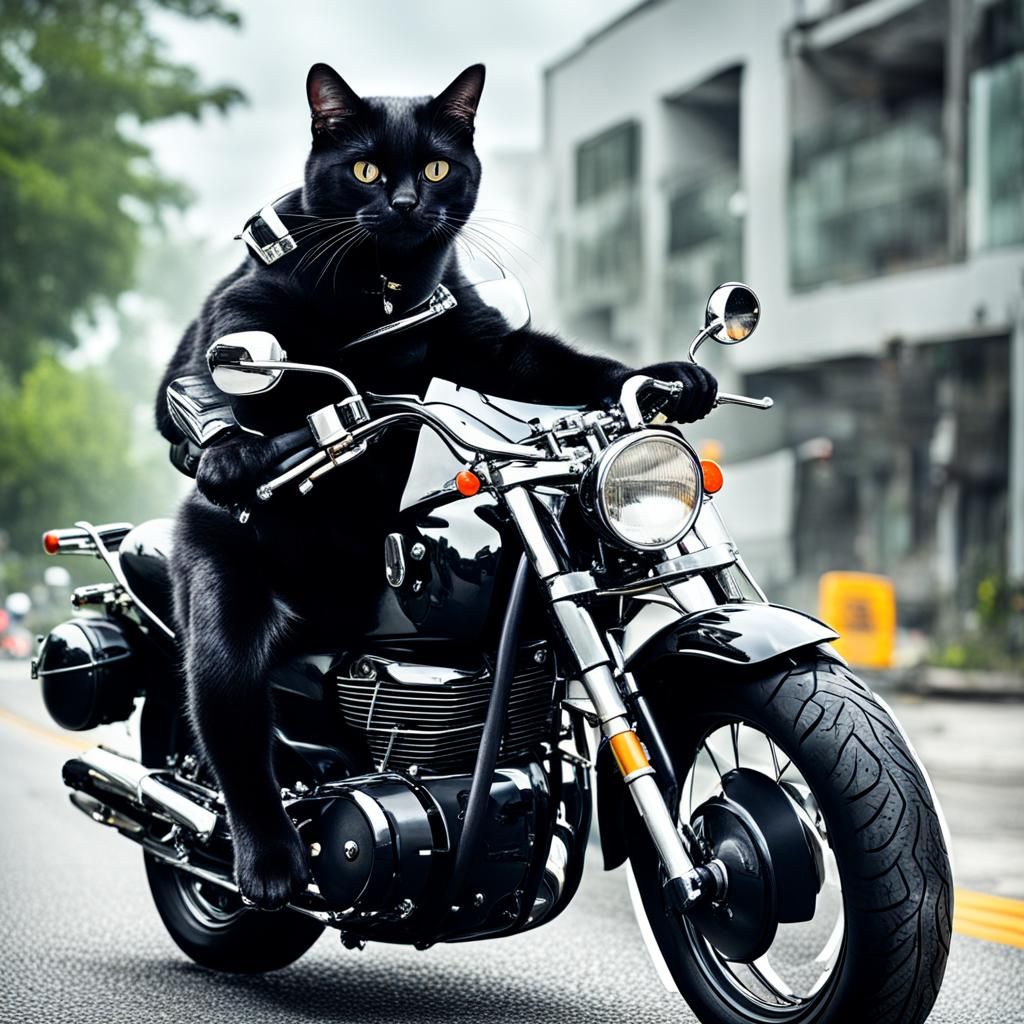 Black Cat Rides a Motorcycle