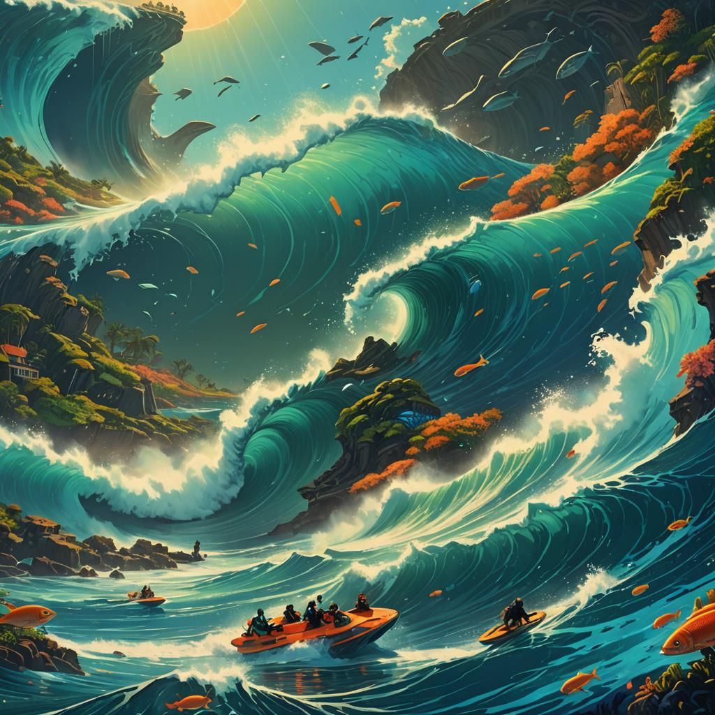 Underwater Surfers in Bioluminescent World