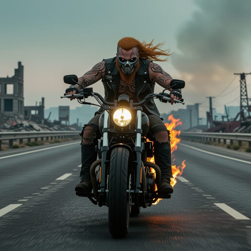 Biker on Desolate Highway in Dark Fantasy Style