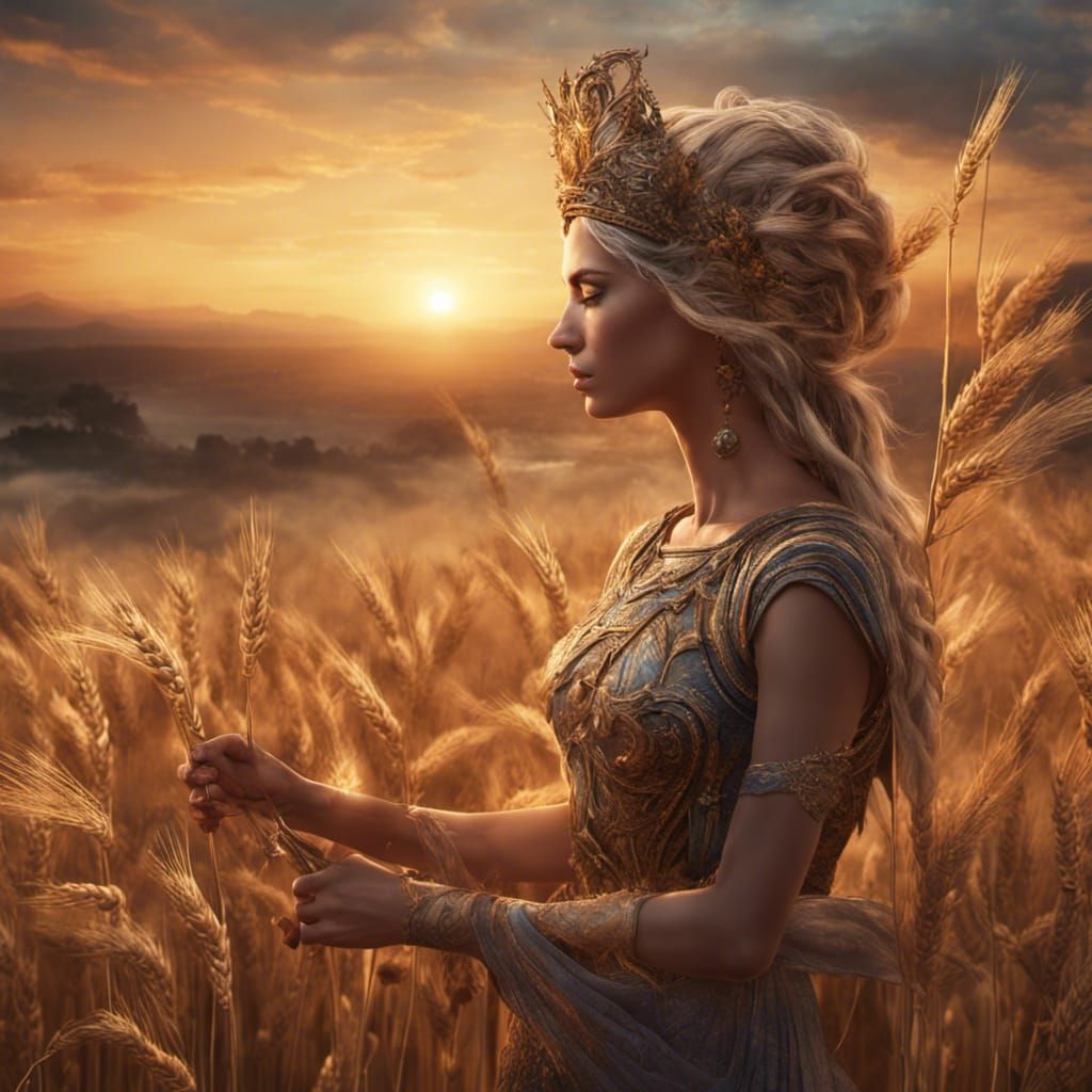 Harvest Goddess in Wheat Field: Detailed Matte Painting