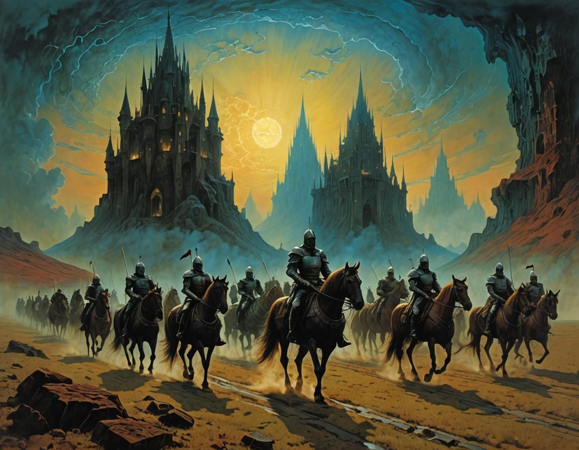 Surreal Mythical Realm with Gothic Knights in Art Nouveau St...
