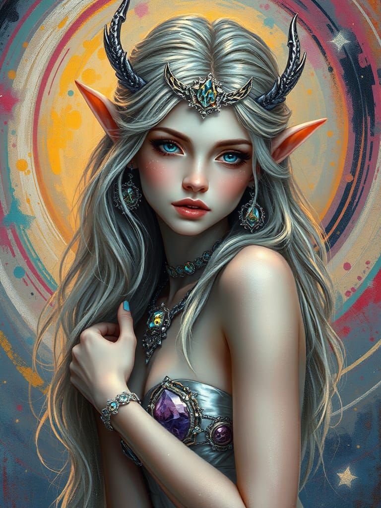 Celestial Light Elf Princess in Graffiti Street Art Style