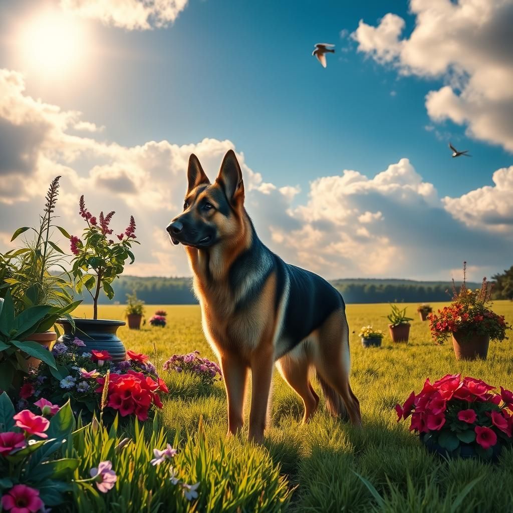 German Shepherd in Lush Garden, Hyper-Realistic Style