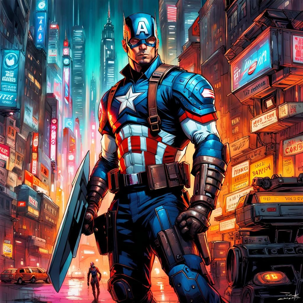 Cyberpunk Captain America in Robotic Armor