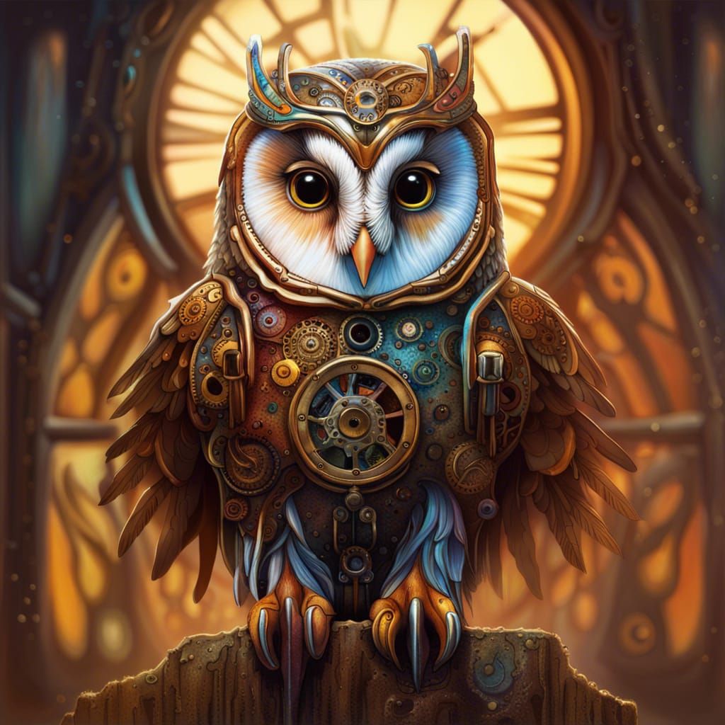 Steampunk Barn Owl in Hyperrealistic Splash Art