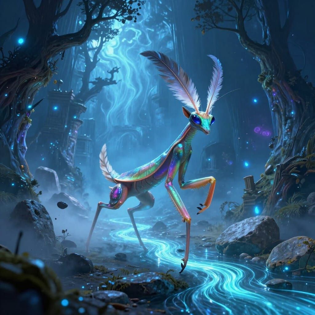 Magical Gazelle Creature in Ethereal Blue Mist Tunnel