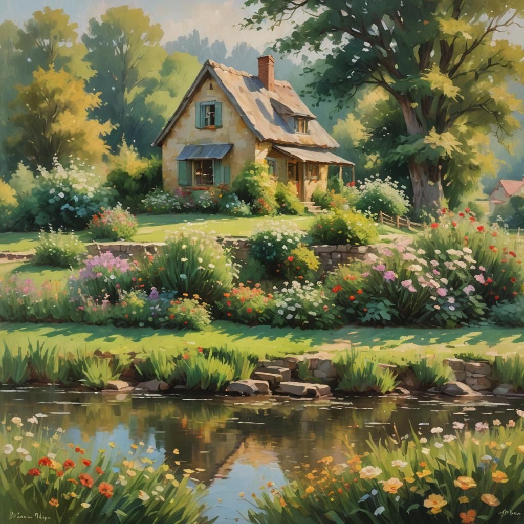 Idyllic Village House in Impressionist Oil Painting
