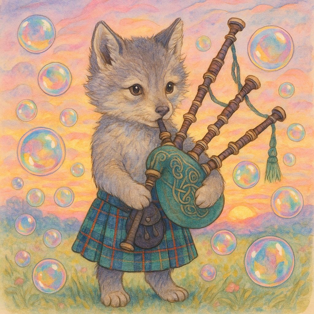 Wolf Cub Piper in Bubble Field: Watercolor Art