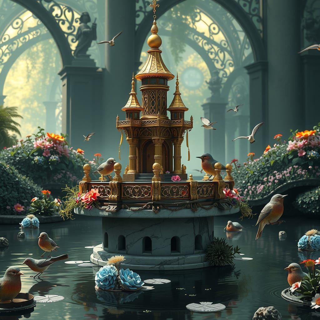 Golden Castle Birdhouse in Pond, Dark Fantasy Art