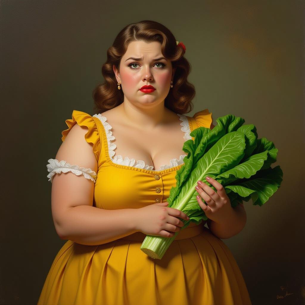 Obese Woman in Yellow Dress with Wilted Lettuce, Hyperrealis...