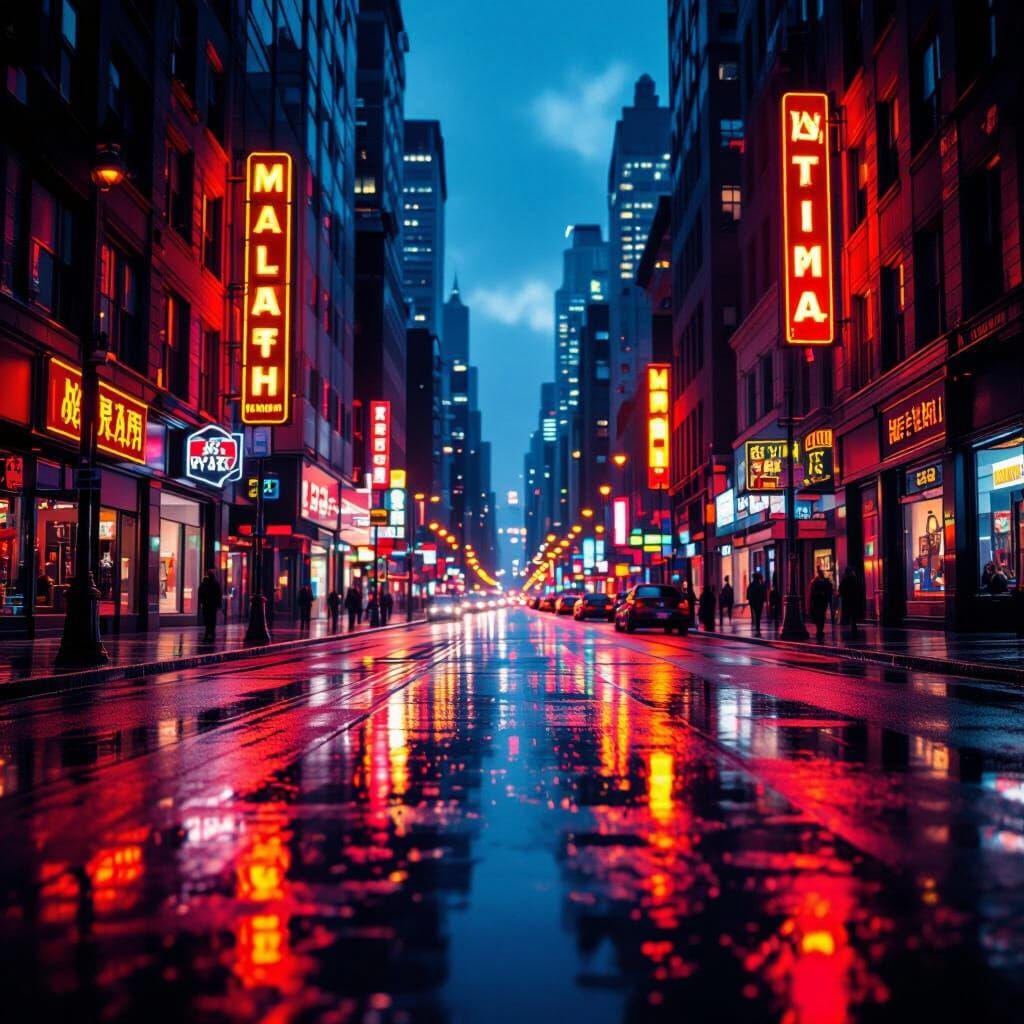 Neon Cityscape at Twilight: Wet Streets Reflecting Reds & Ye...