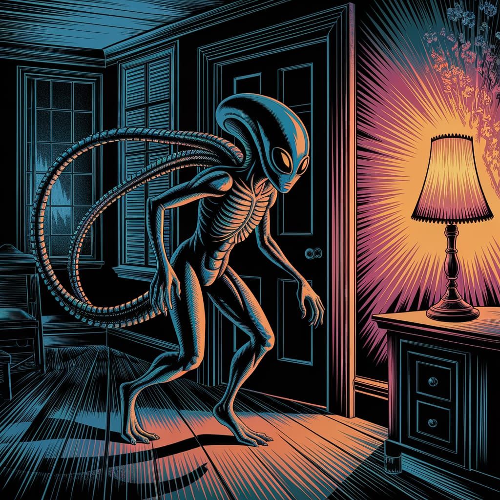 Alien Probes a Haunting Linocut Scene
