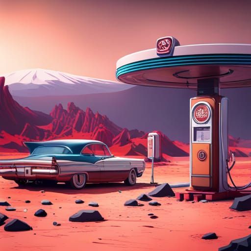 Retro Gas Station on Mars: Detailed Matte Painting