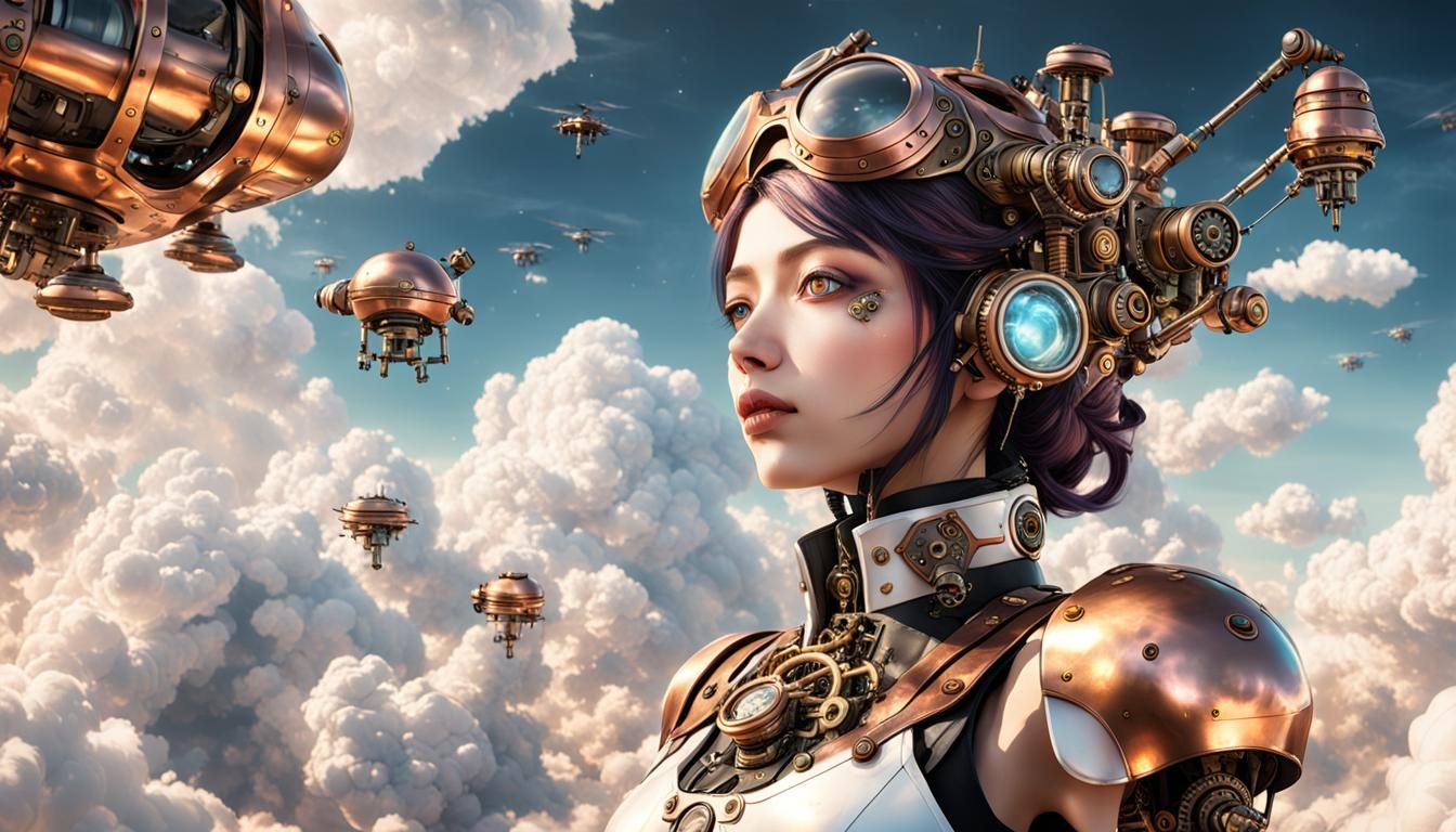 Steampunk Anime Girl with Drone in Clouds