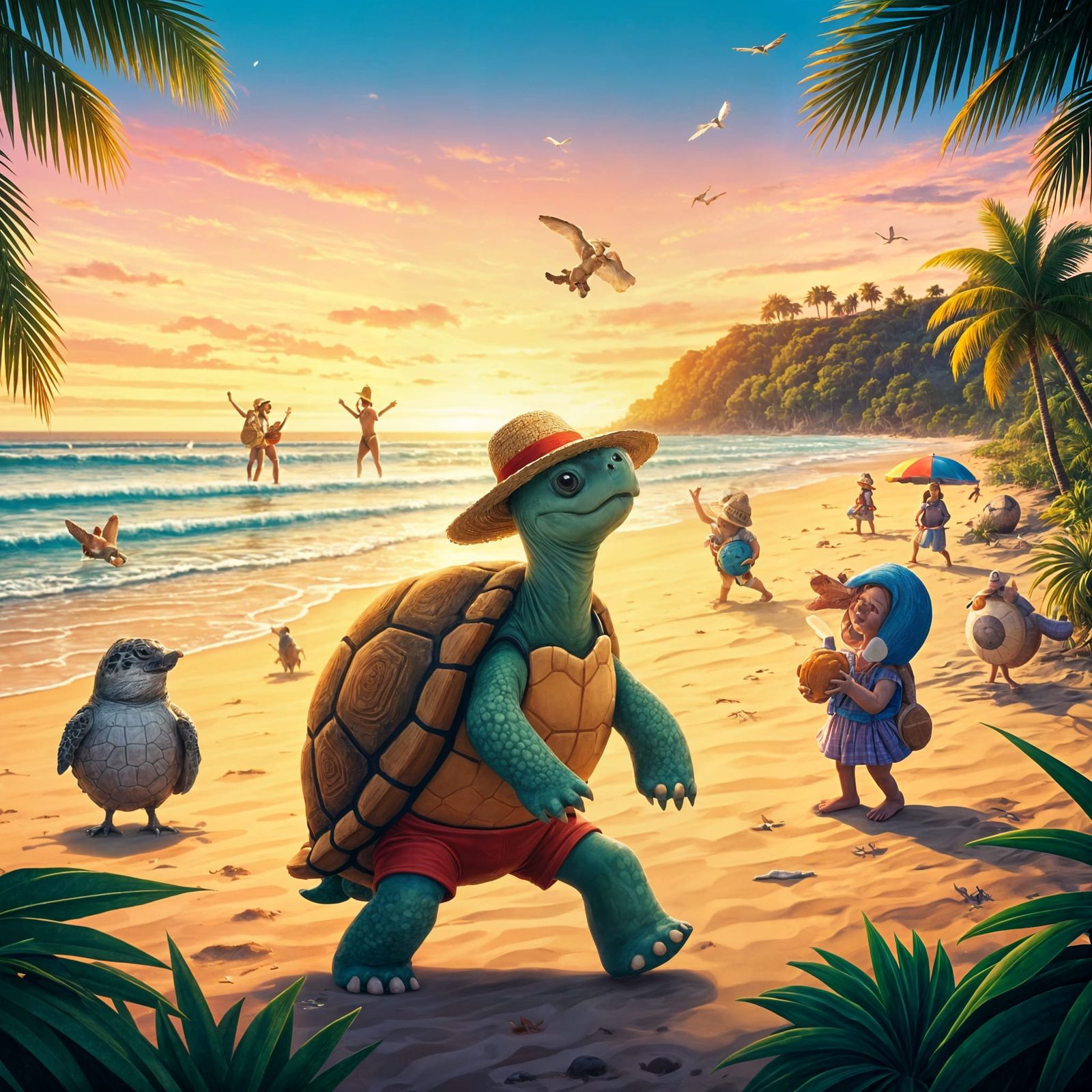 Playful Turtle on a Sunny Beach: Airbrush Art