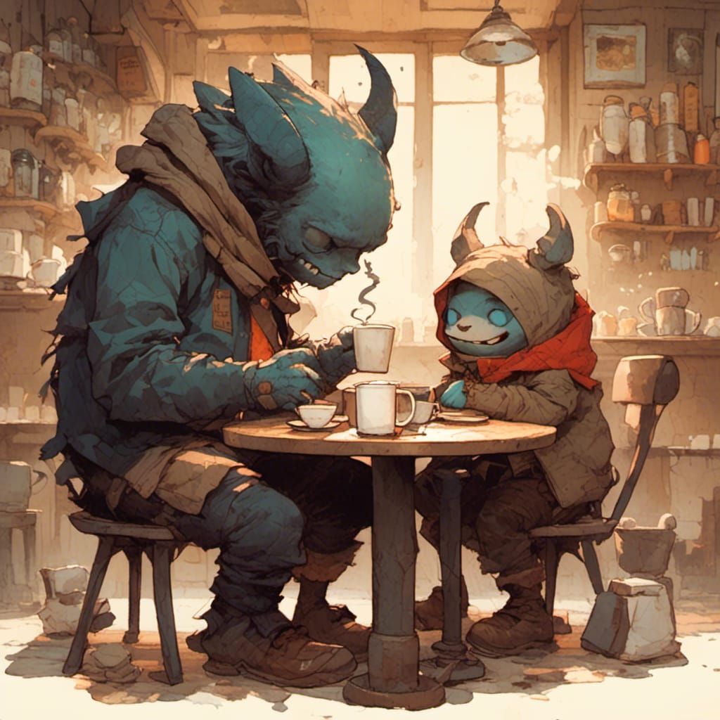 Adorable Monster Enjoying Coffee in Detailed Digital Art