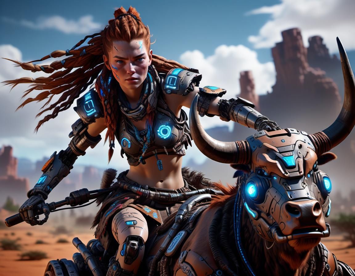 Aloy Rides Cyberpunk Robot Bull in HDR