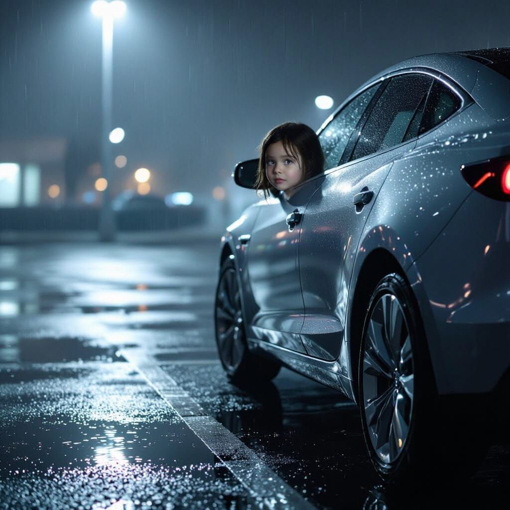 Girl in Parking Lot, Ethereal Glow, Photorealistic