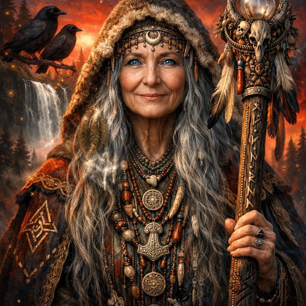 Ancient Völva in Misty Forest Sunset