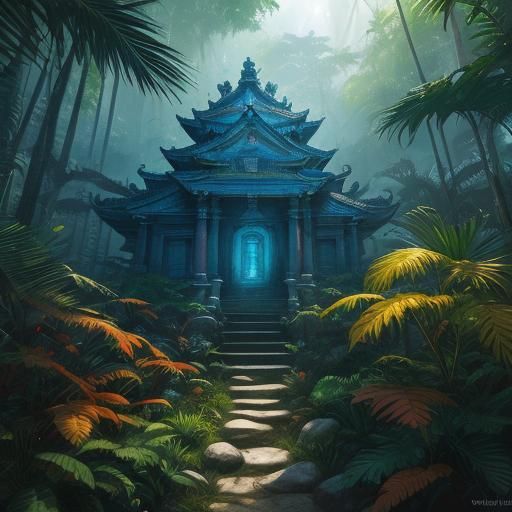 Goku Flies Through Jungle Temple: Fantasy Art