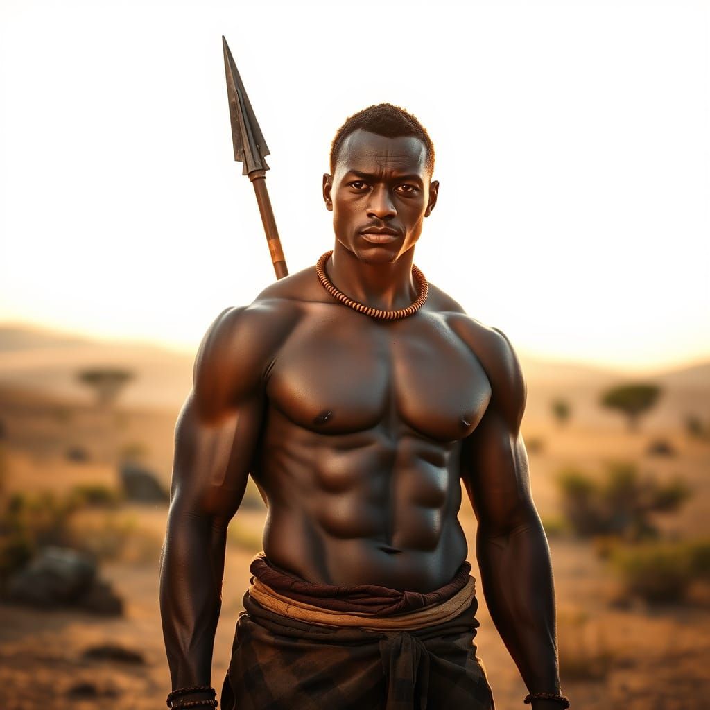 African Warrior in Traditional Attire with Shield and Spear