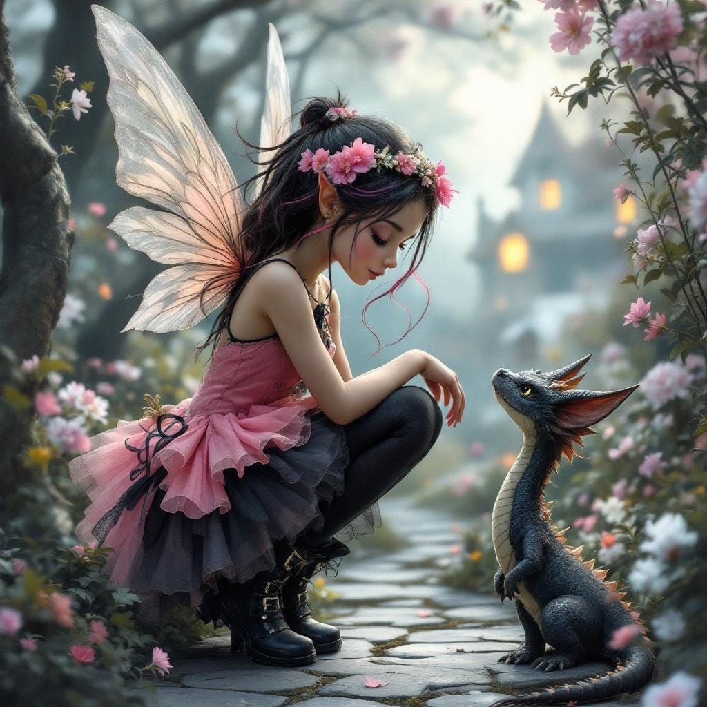 Fairy Girl with Dragon in Dreamy Garden, Painterly Style