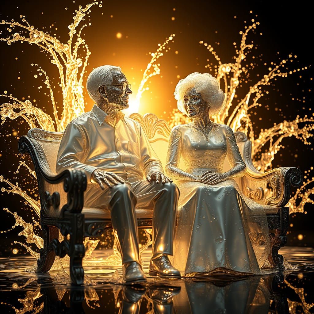 **"Älteres Paar auf Bank, goldenes Licht, magischer Wasserspritzer-Hintergrund"**.