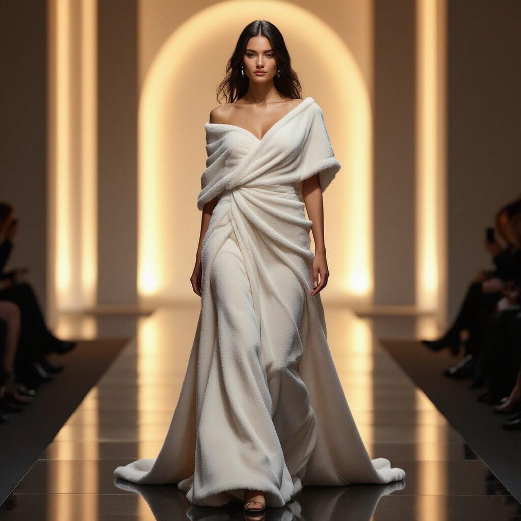 Winter Couture Fashion Model in Draped Gown