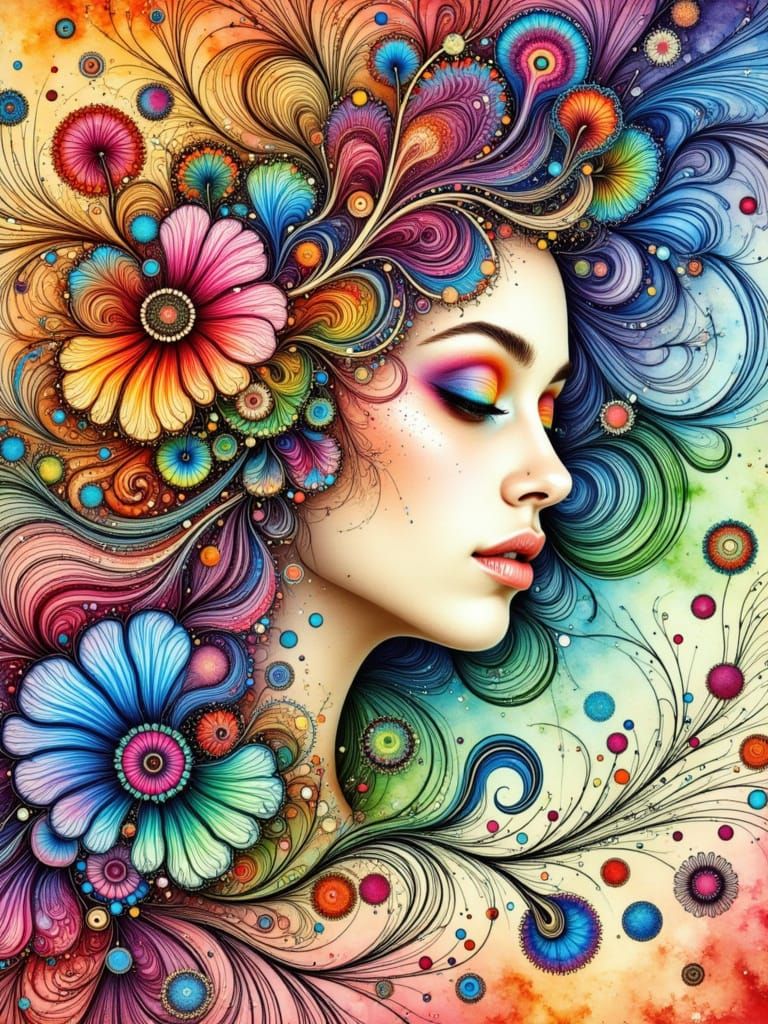 Vibrant Portrait of a Woman with Long Hair in Whimsical Alco...