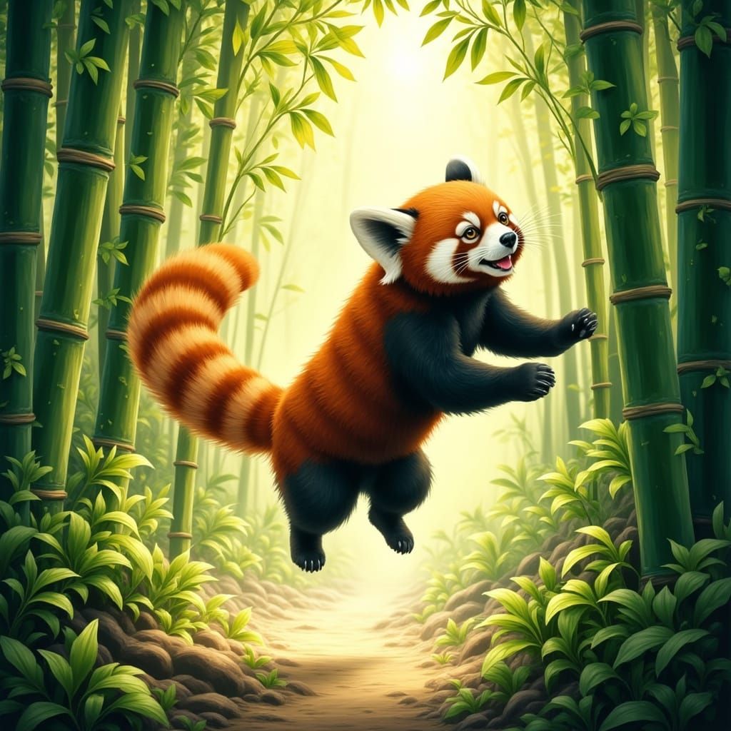 Red Panda Leaping in Vibrant Bamboo Forest