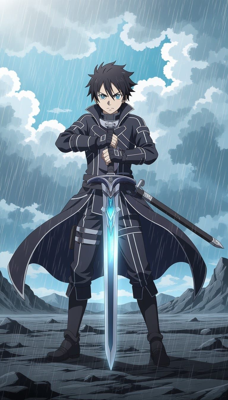 Anime Swordsman in Stormy Landscape