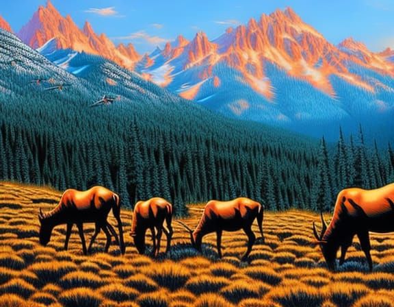 Elk Herd Slowly Grazing Across a Mountain Meadow at High Alt...