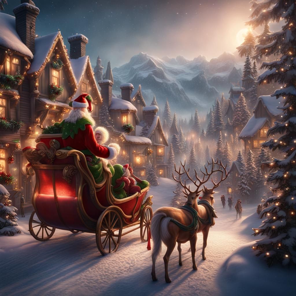 Christmas: Santa's Sleigh Over Elves Village