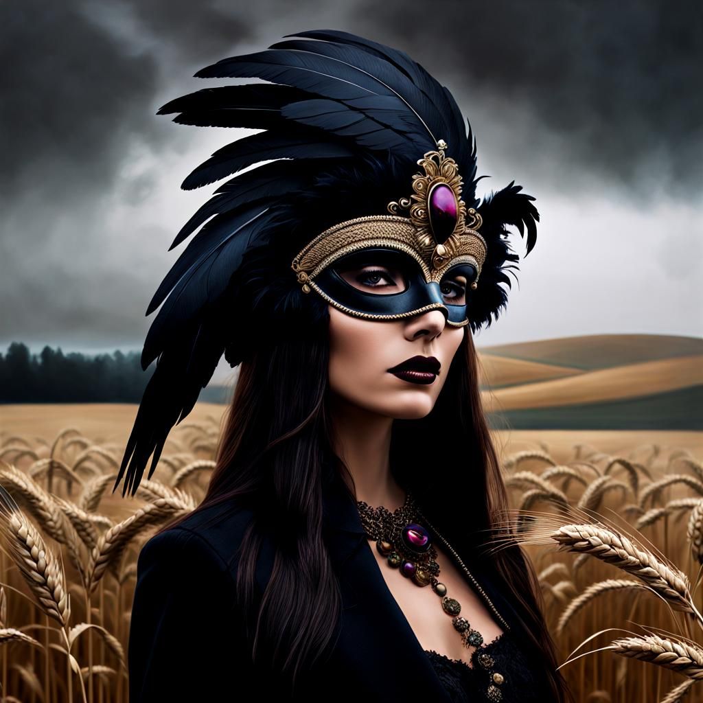 Surreal Woman in Raven Mask Oil Painting