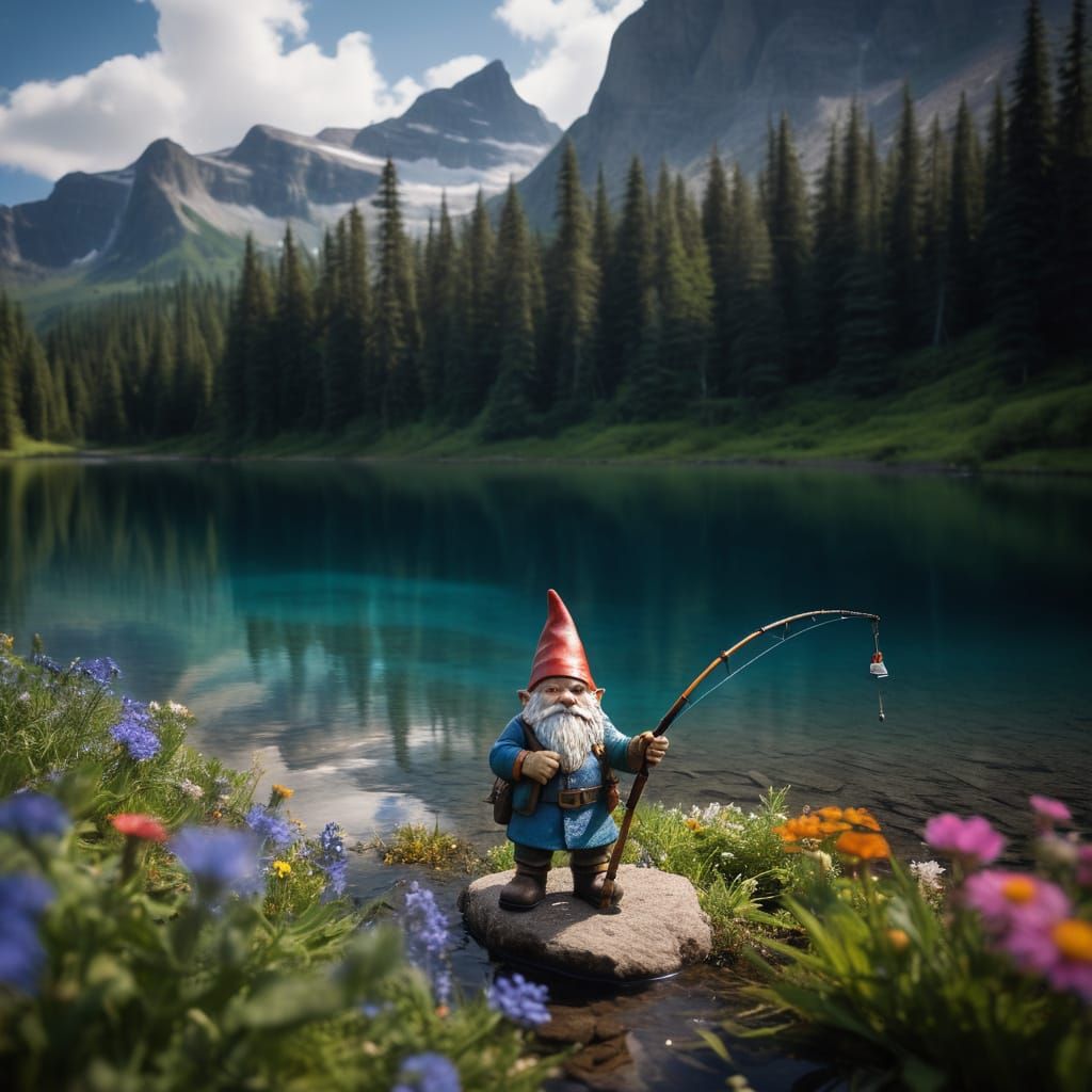 A lone gnome stands at the edge of a shimmering, crystal-clear lake, his gaze fixed upon the towering, snow-capped mount...