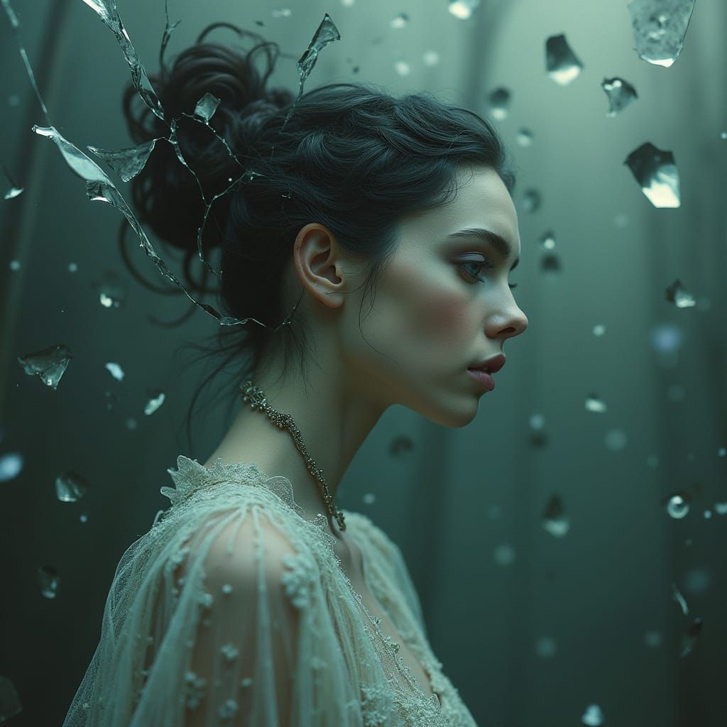 Ethereal Woman in Shattered Reflections