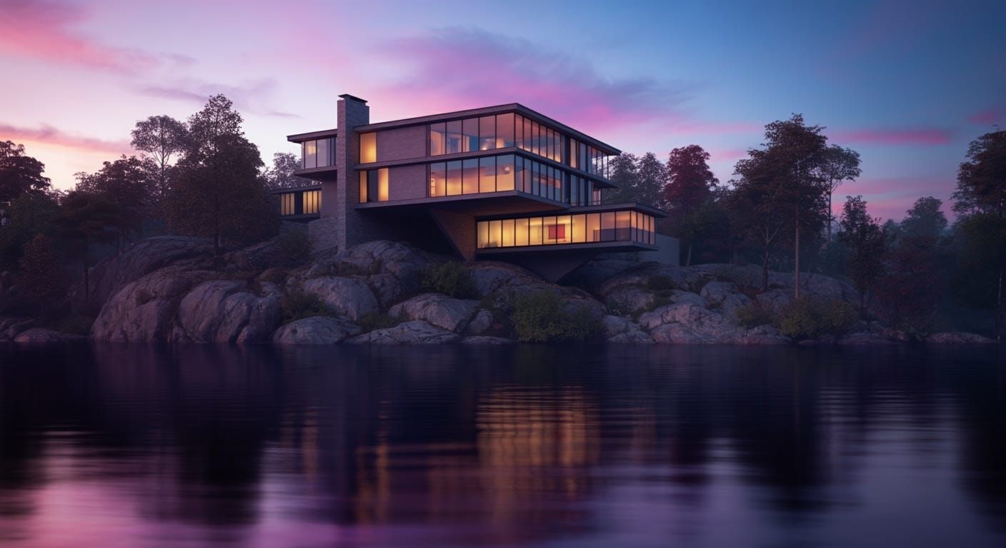 Sleek Modernist House Perched on Rocky Outcrop Reflecting Su...