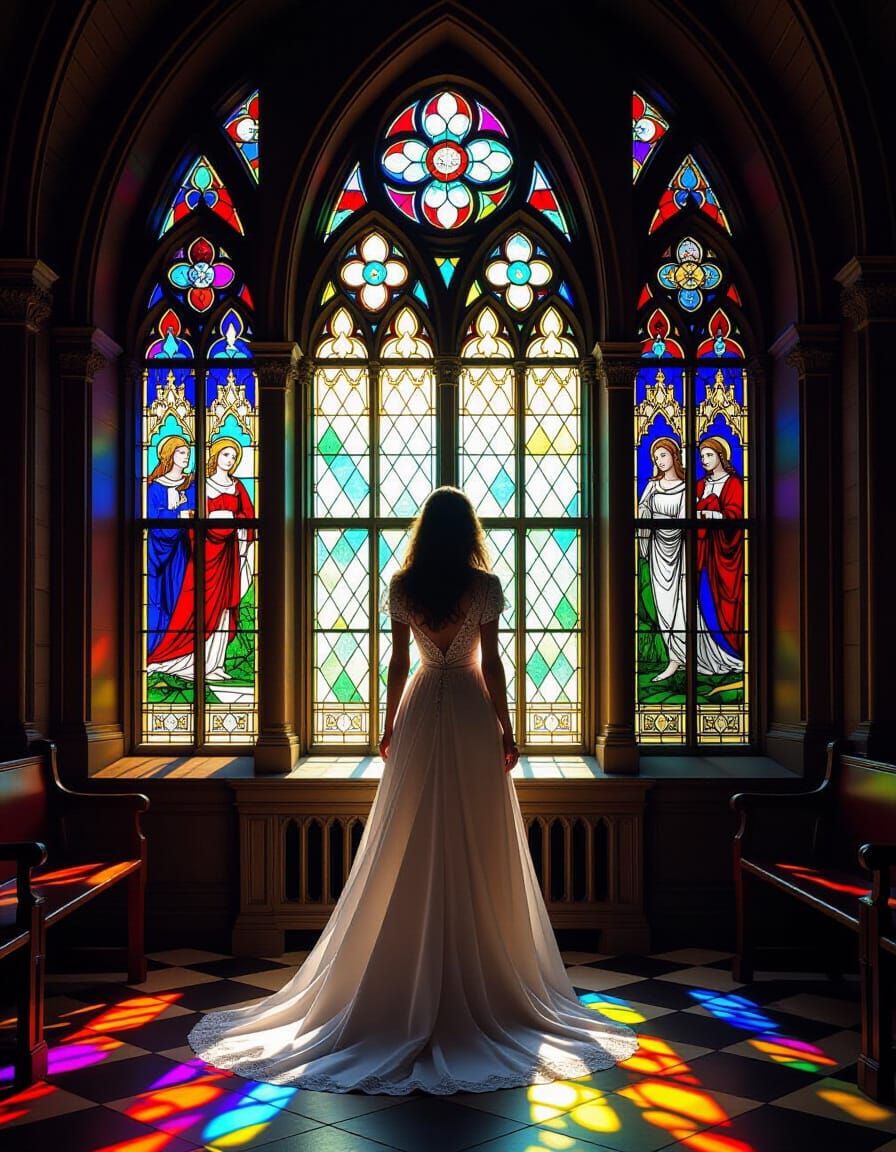 Stained Glass Light Illuminates Gothic Church